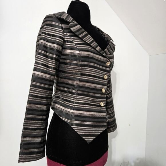 Bibbo Blazer Black Silver Metallic Striped Button Front Asymmetric Hem Jacket 8 - Picture 2 of 13